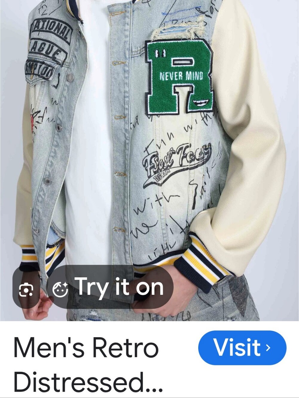 First Row Varsity-Style Denim & Cream Bomber Jacket Mens